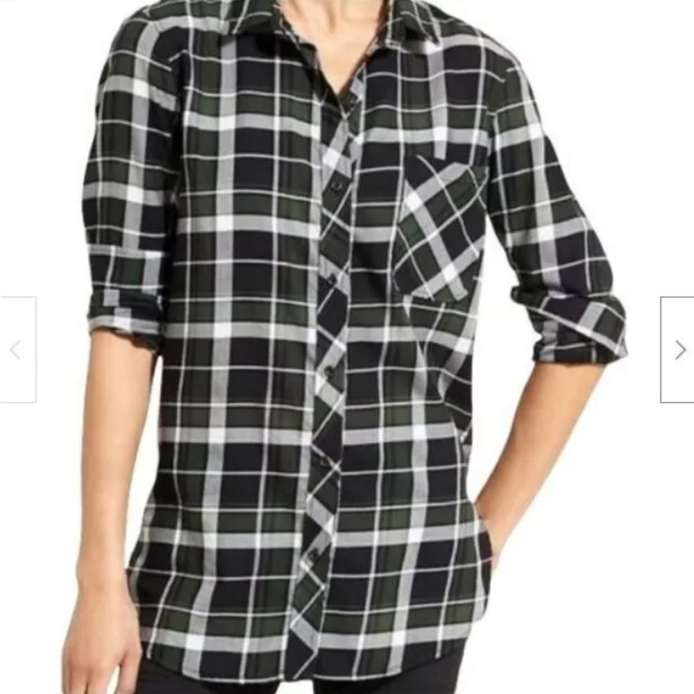 Athleta Plaid Button-Down Shirt Green White Pocket Collared Long Sleeve S